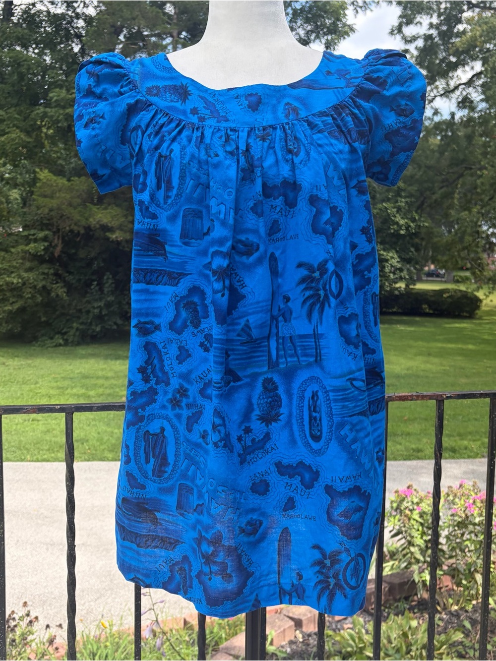 Vintage 60s 70s Retro Hawaiian Short Shift Dress Tropical Blue Womens Size Small